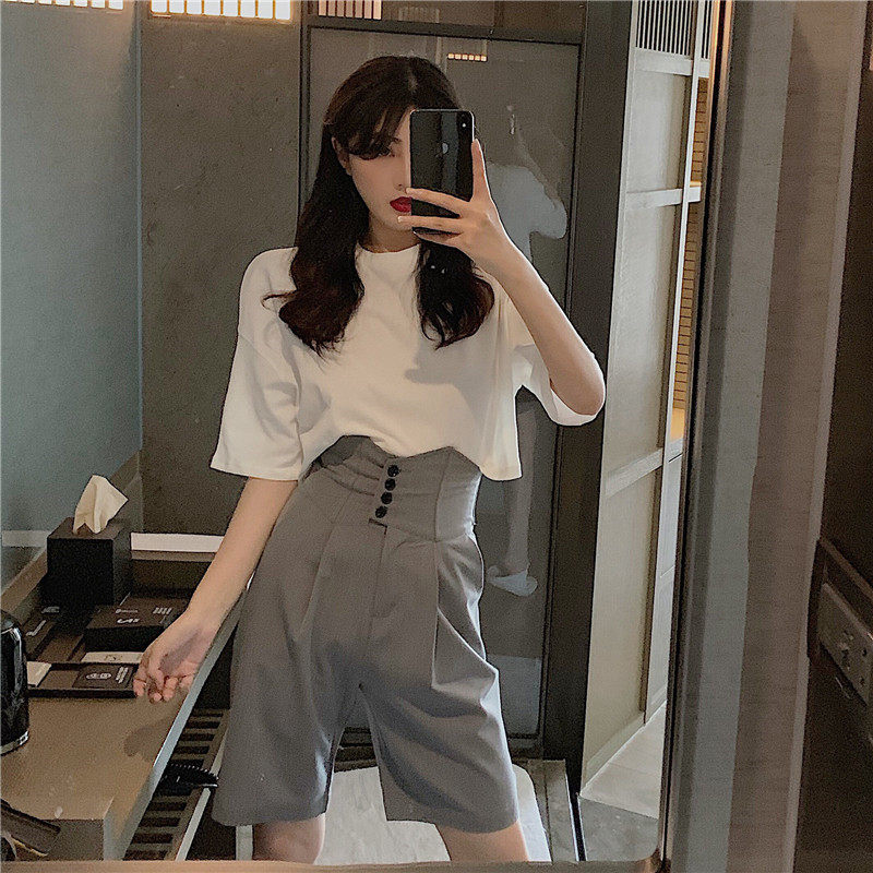 晚晚风俏皮网红牛油果绿超火短款T恤+显腿长超高腰西装裤两件套装