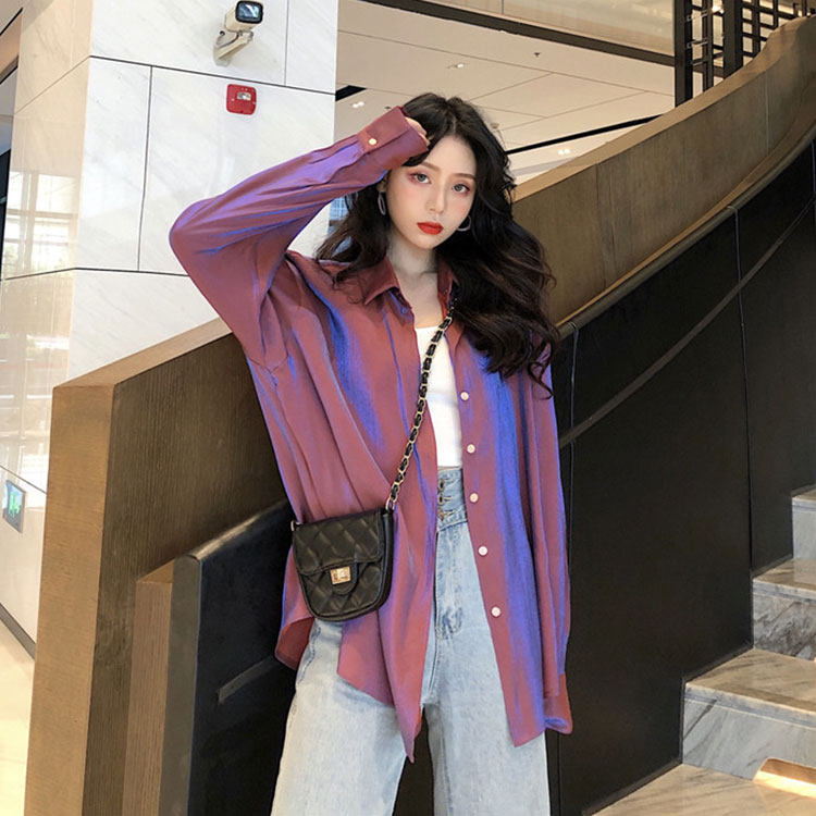 人鱼姬偏光blingbling防晒衬衣女2019夏港风新款薄款衬衫御姐俏皮