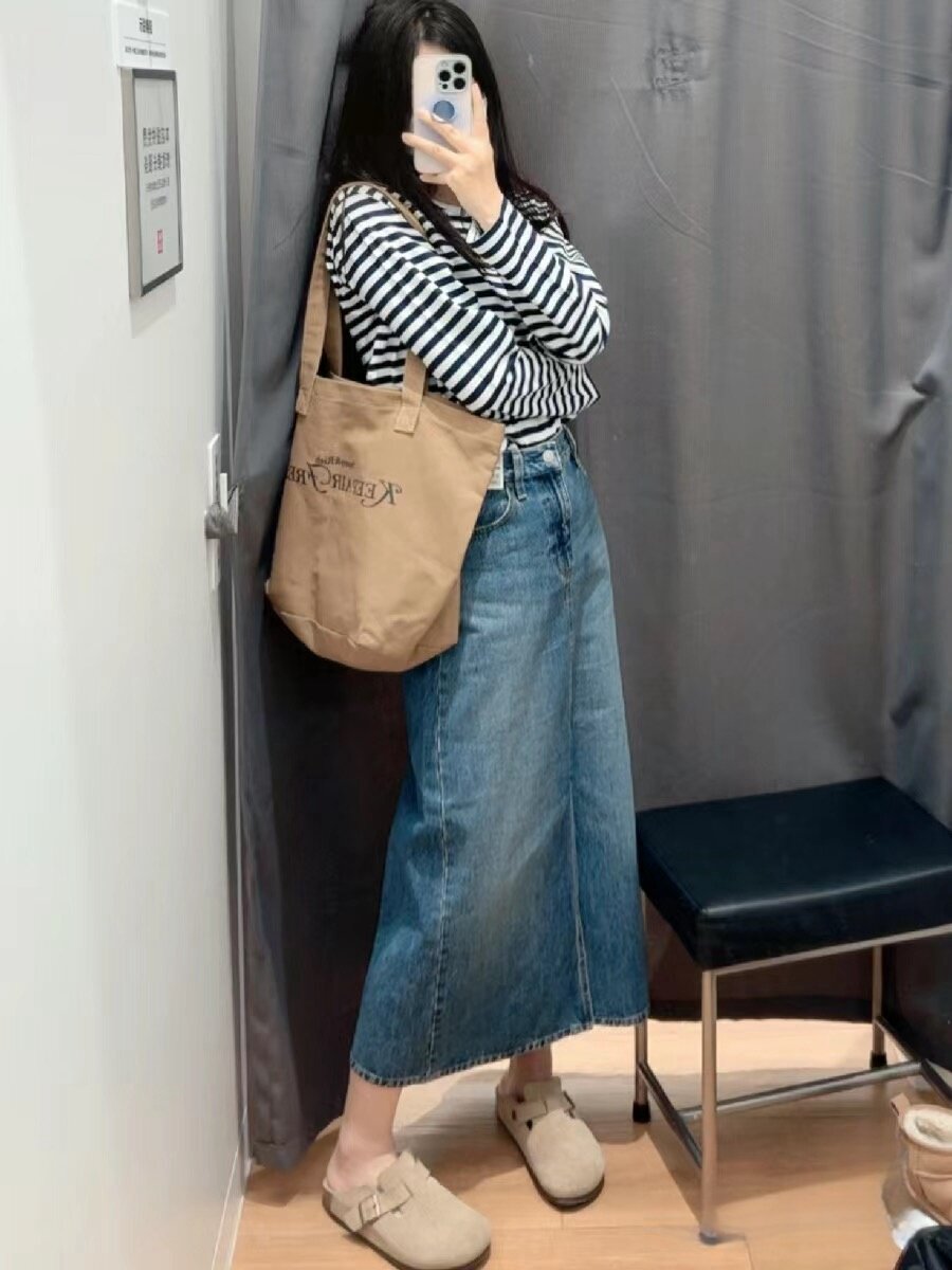 日系春款女装高腰显瘦牛仔长裙水洗半身裙修身开叉A字裙465919