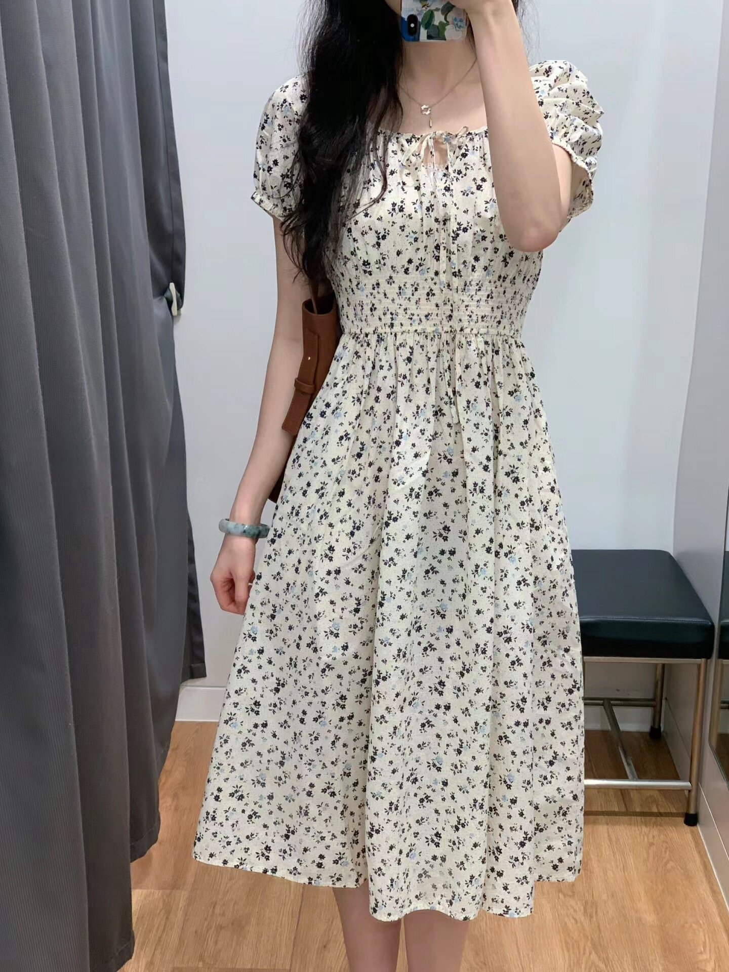 日系夏季印花泡泡袖连衣裙短袖裙子印花气质显瘦长裙473076473075