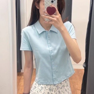 显瘦短款 T恤衬衫 领气质修身 476068 上衣夏季 短POLO衫 日单女装 短袖