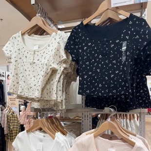 474412 辣妹T477607 日系夏季 提花罗纹亨利领印花T恤小碎花BM短袖