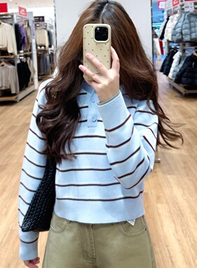 春季女装柔滑棉质POLO领条纹针织衫休闲毛衣毛衫484503/482971