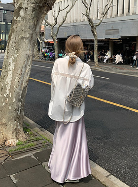林初一 仿醋酸缎面紫色半身裙女夏垂坠感到脚踝长裙显瘦a字鱼尾裙