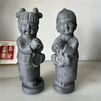 石雕金童玉女一对青石童男童女摆件石材雕刻童子雕像石头人物雕塑