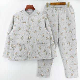 中老年人开身保暖内衣三层加厚开襟线衣线裤 女纯棉开衫 家居服套装