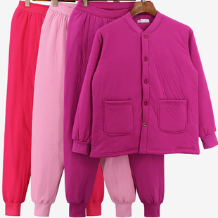 中老年人贴身三层夹棉加厚秋衣秋裤 加肥加大码 保暖套装 女纯棉开衫