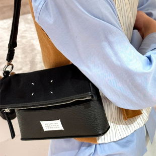 MM6马吉拉头层牛皮拼帆布腋下包小众单肩斜挎hobo包 真皮女包时尚