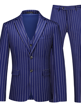 条纹西装男大码春装修身上衣外套马甲西裤套装西服三件套蓝色细条