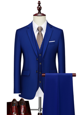 宝蓝色西装三件套男士商务西服两粒扣纯色免烫正装上衣马甲裤子