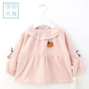 秋冬宝宝灯芯绒罩衣女孩防水反穿衣婴儿吃饭围兜长袖 护衣画画围裙