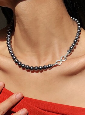 大溪地黑珍珠项链配饰女高端大气真多麻灰色毛衣锁骨颈链项饰