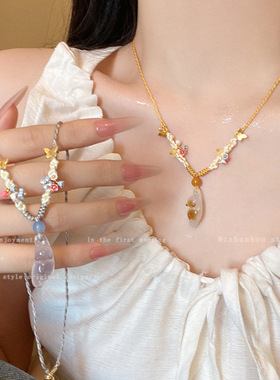 桂花冰透橘猫星星项链新中式小众设计感甜美花朵编织高级感项链品