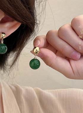 新中式绿色仿玛瑙珍珠耳环女复古国风独特设计高级感耳钉夏天耳饰