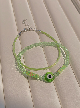 绿色亚克力眼睛串珠可调节手链套装小众设计情侣款闺蜜手饰手绳