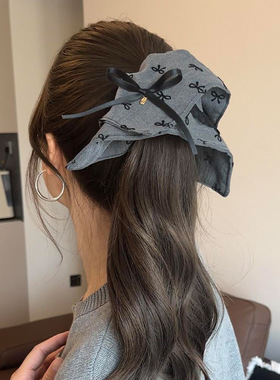 黑灰色蝴蝶结印花蕾丝方巾大肠发圈女2026高级感马尾辫丸子头发饰
