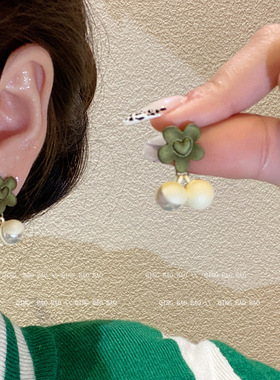 森系小清新绿色花朵珍珠耳环女高级感气质甜美百搭耳钉耳饰品