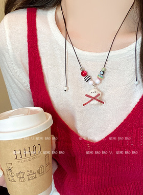 设计感白色小狗蝴蝶结吊坠项链女时尚气质潮百搭高级感小众锁骨链