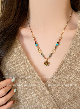 虎眼石吊坠项链女2026年新款轻奢小众设计百搭长款串珠毛衣链配饰