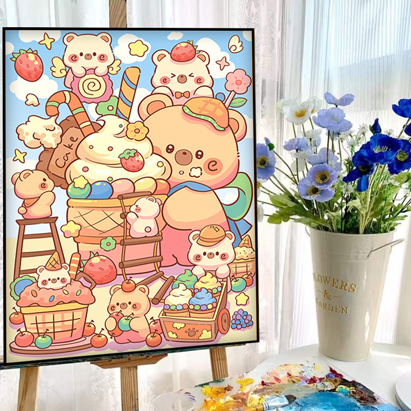 小熊下午茶数字油画手工diy填色儿童填充装饰可爱手绘油彩丙烯画