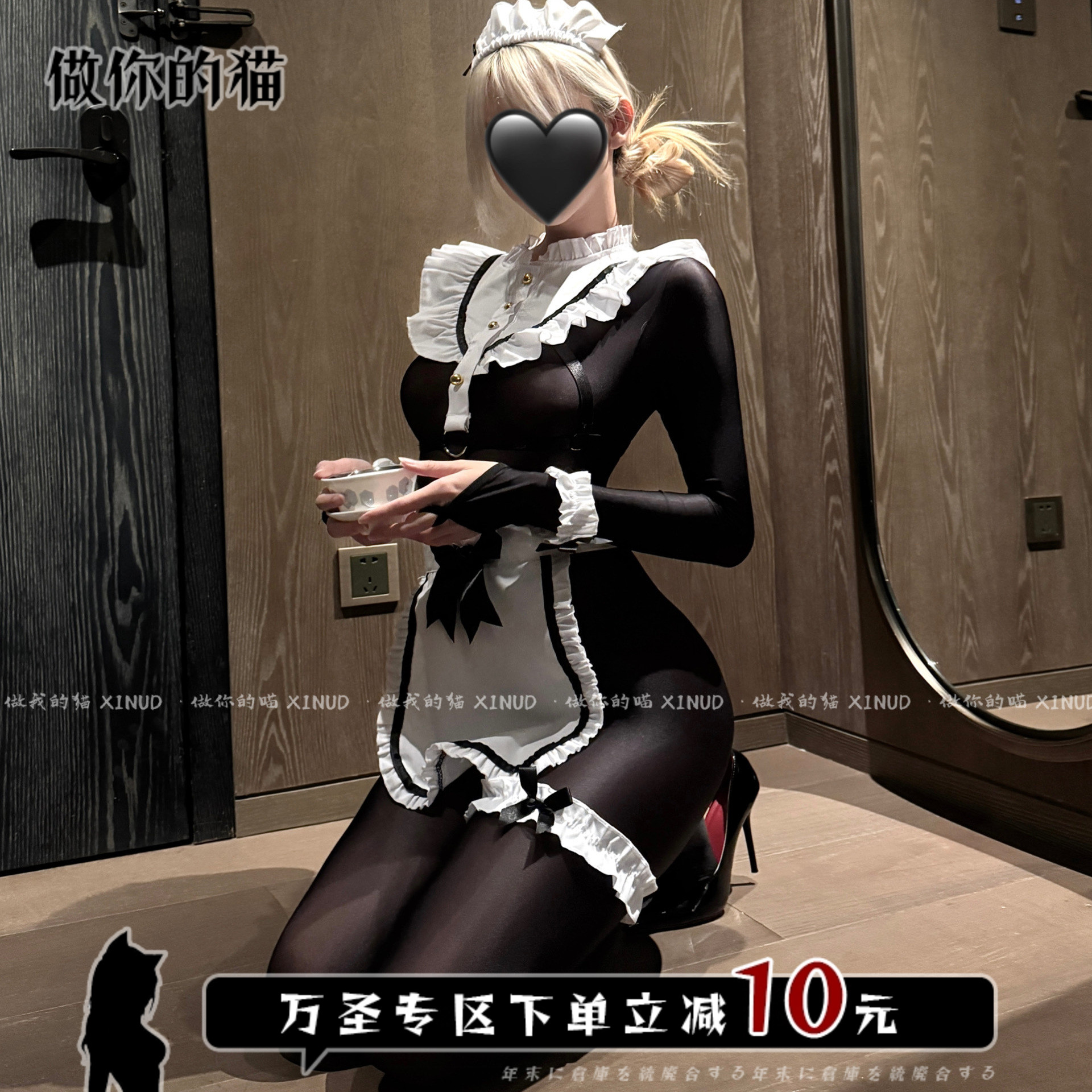 做你的猫：主人喘息*俏皮可爱cos油亮黑丝小女仆性感制服连体套装