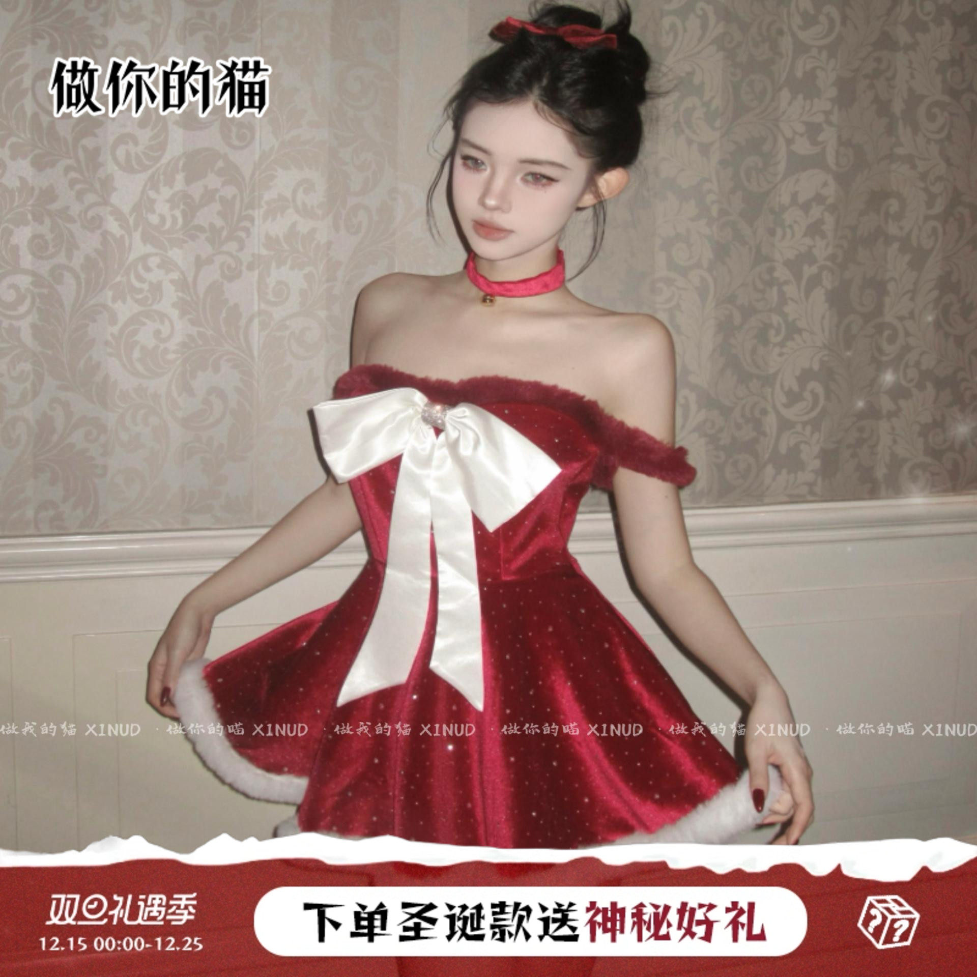 做你的猫：珍妮の心动夜宴*原创大蝴蝶结抹胸红色圣诞蓬蓬公主裙