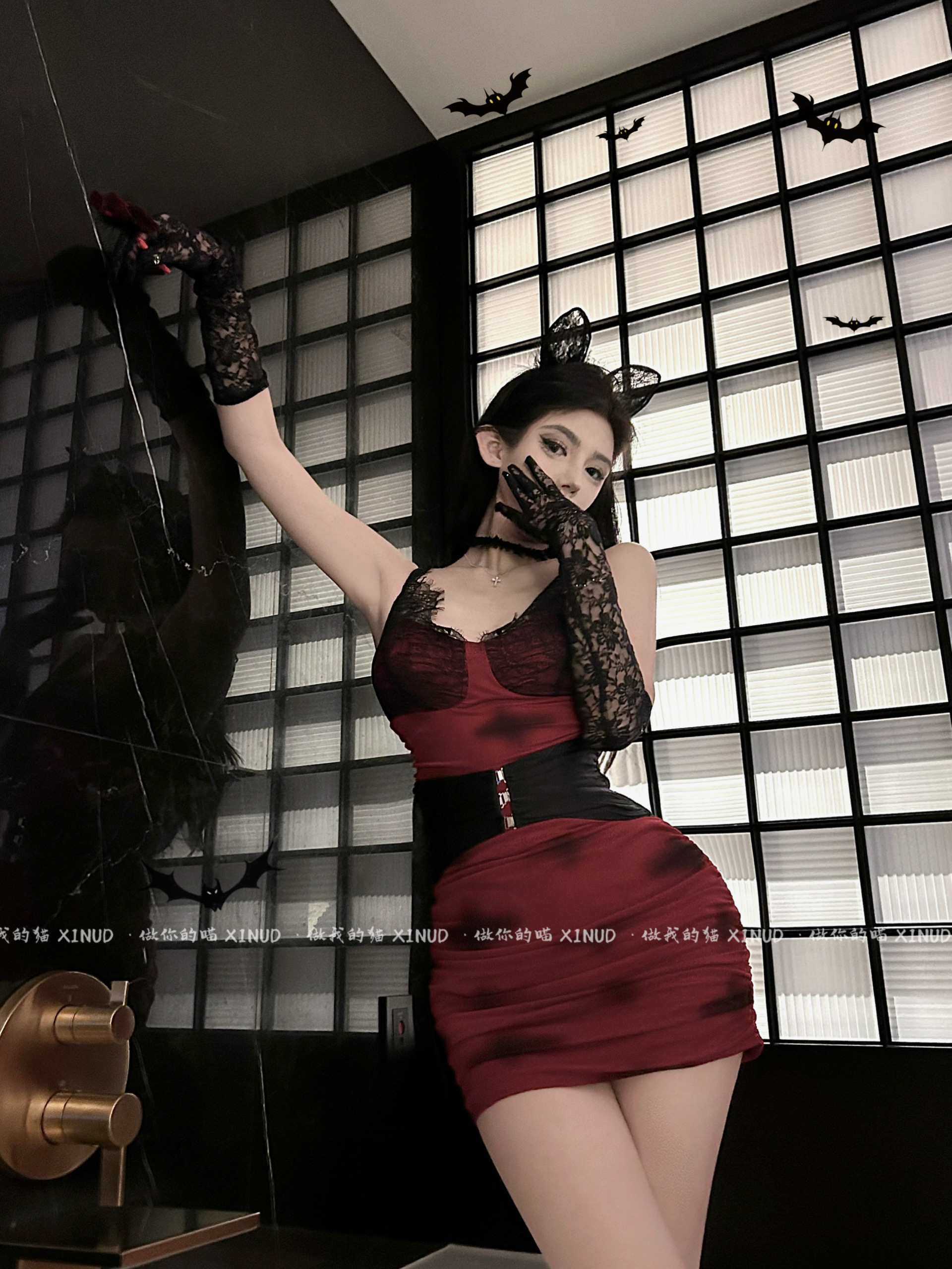 做你的猫：嗜血新娘*原创御姐气质连衣裙显瘦魔女性感蕾丝包臀裙