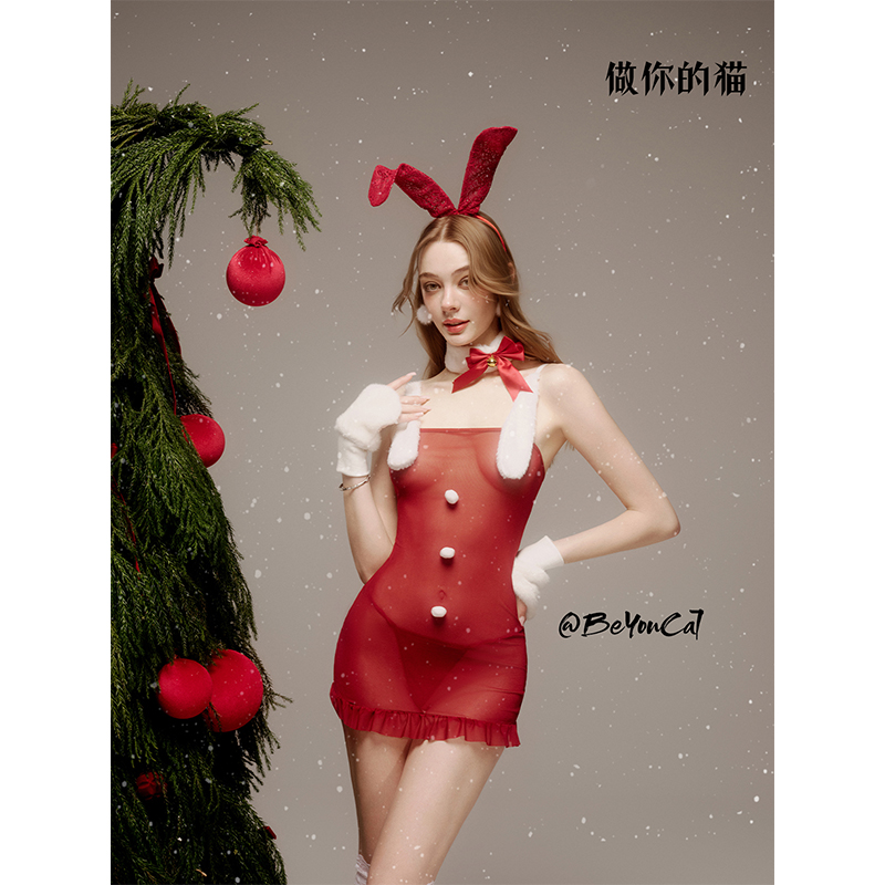 做你的猫：绒兔奶盖*娇俏性感cos制服圣诞节红色吊带网纱包臀裙女