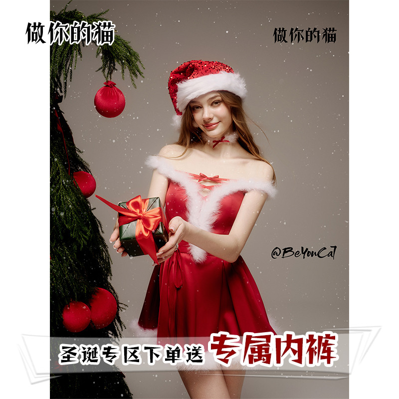 做你的猫：薇薇安の圣诞夜*原创圣诞节纯欲穿搭红色抹胸连衣裙女
