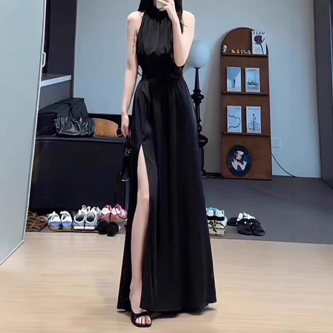 后妈裙缎面黑色无袖连衣裙长裙显瘦气质时尚女士露肩