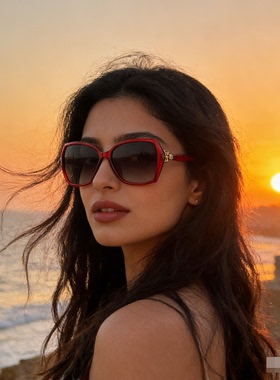 海伦凯勒红色复古大框遮阳墨镜