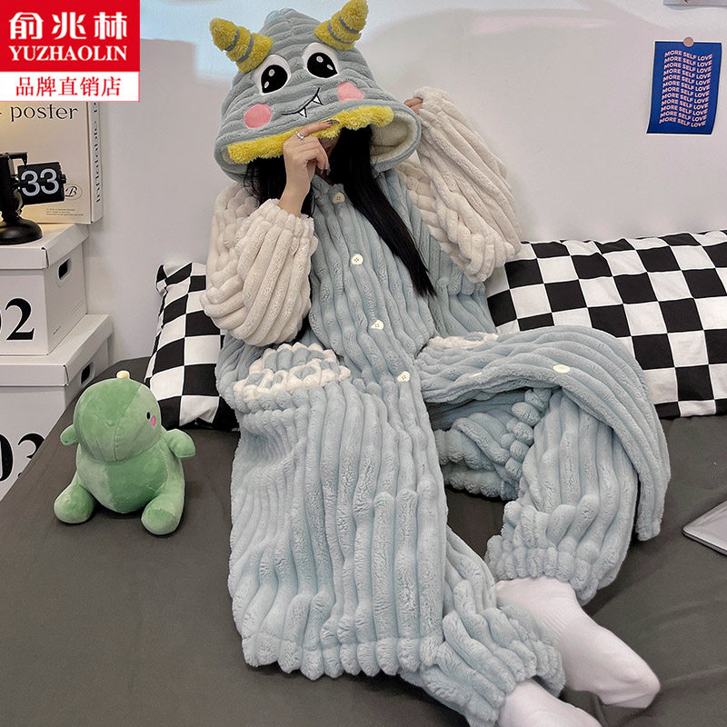 睡衣女款冬季珊瑚绒加绒加厚睡袍冬长款连帽浴袍小怪兽家居服套装,女士内衣/男士内衣/家居服,睡衣/家居服套装,淘宝优惠券,粉丝福利购,淘宝优惠卷