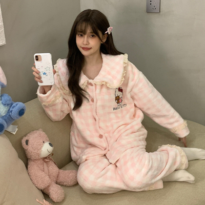 凯蒂猫翻领冬季珊瑚绒睡衣女款甜美加绒加厚可外穿小个子家居服