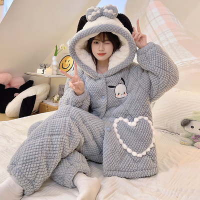 三层夹棉睡衣女可外穿卡通帕恰狗加绒加厚珊瑚绒冬小个子家居服