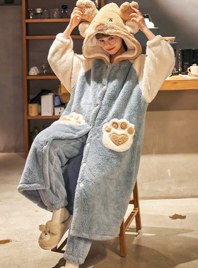 淳织芯睡衣女秋冬季珊瑚绒浴袍加绒加厚睡袍冬长款连帽家居服套装