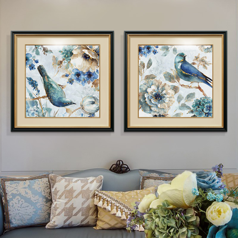 三千年新中式卧室客厅背景墙美式水彩花鸟蓝色亚光玻璃装饰画0627图片