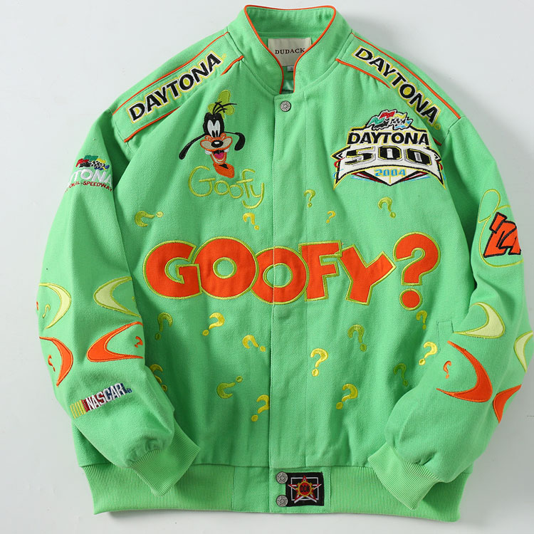 DUDACK2024春秋新款欧美街头男女潮牌机车服绿色刺绣夹克宽松外套