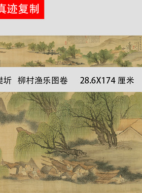 明樊圻 柳村渔乐图 青绿山水人物工笔国画长卷高清微喷复制装饰画