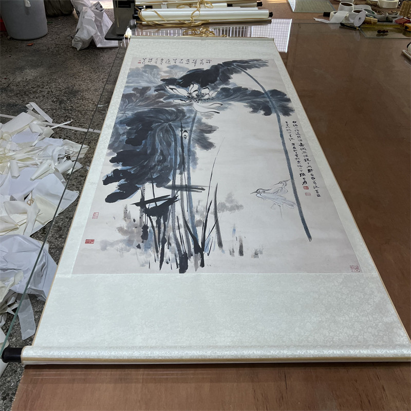 张大千 荷花仙鹤图 名家水墨花卉国画高档挂画真迹微喷复制装饰画