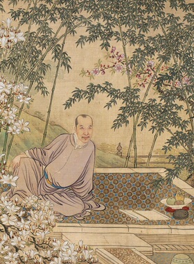 清禹之鼎《春泉洗药图》仿古工笔人物国画高清复制临摹学习装饰画
