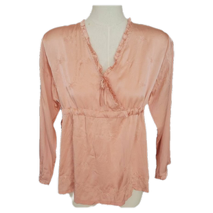 桑蚕丝长款碎花上衣法式圆领缎面丝绸小个子网纱拼接收腰褶皱衬衫