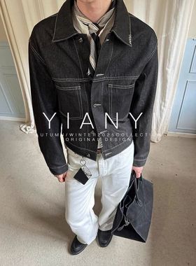 EME易盛易 秋冬原牛复古短宽boxy双口袋翻领牛仔套装夹克外套男女