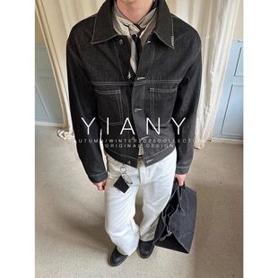 EME易盛易 夹克外套男女 秋冬原牛复古短宽boxy双口袋翻领牛仔套装