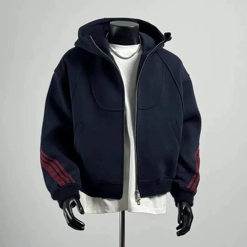 秋新款加绒加厚重磅连帽卫衣男日系复古短款开衫外套撞色条纹上衣