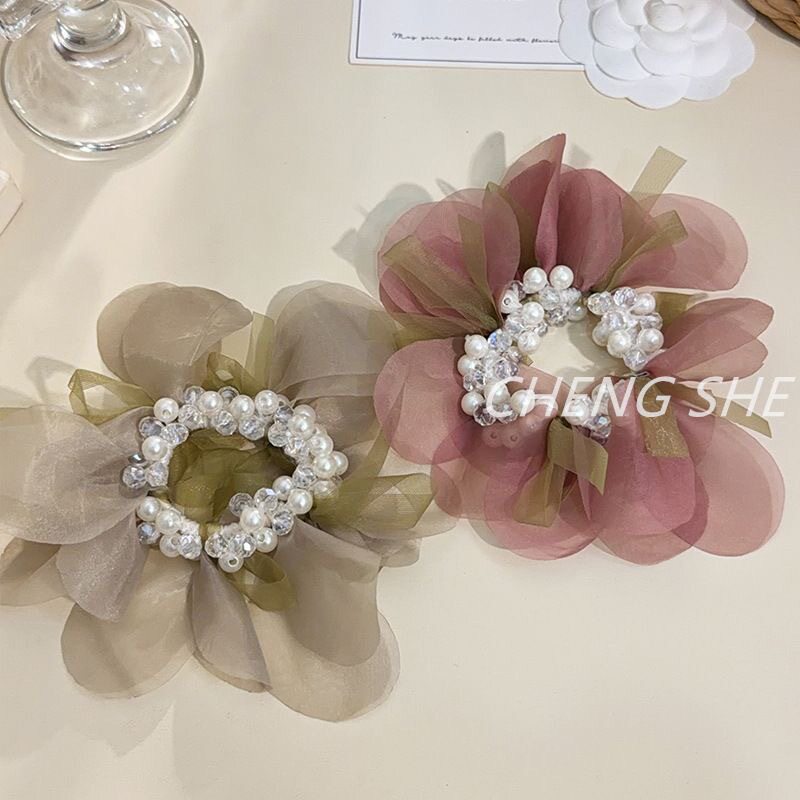 超仙珍珠发圈海边温柔风度假发饰花瓣马尾头绳感百搭发绳