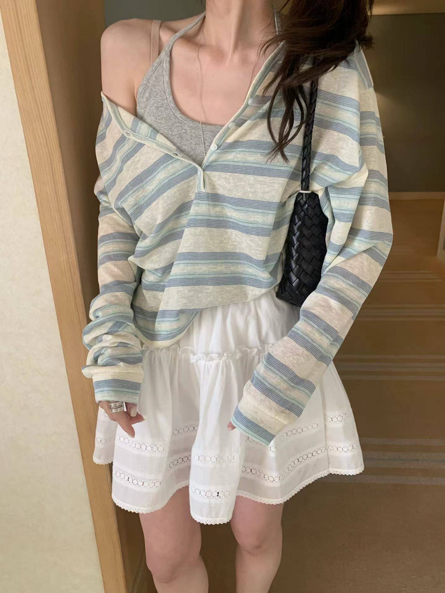 韩国东大门正品女装百搭条纹长袖T恤宽松显瘦休闲上衣薄款防晒ins