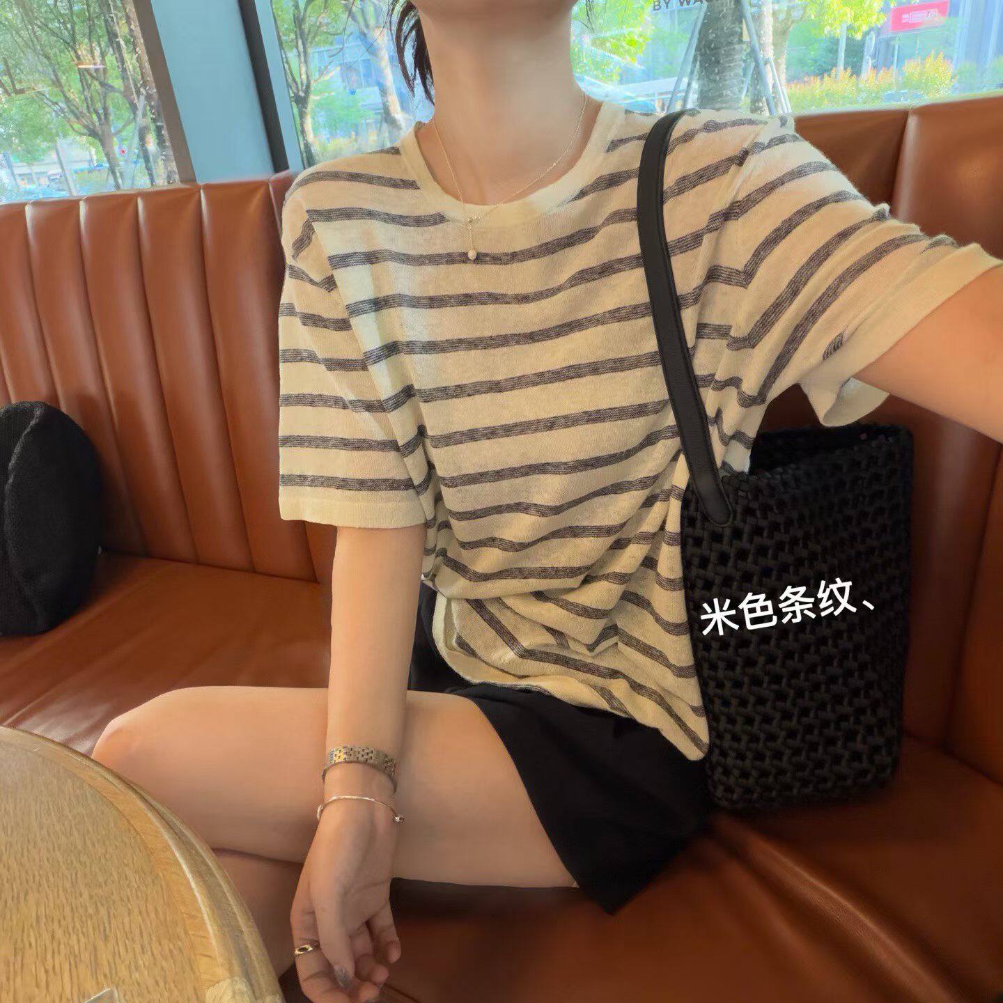 韩国东大门正品女装百搭圆领条纹亚麻冰丝短袖T恤宽松显瘦上衣ins