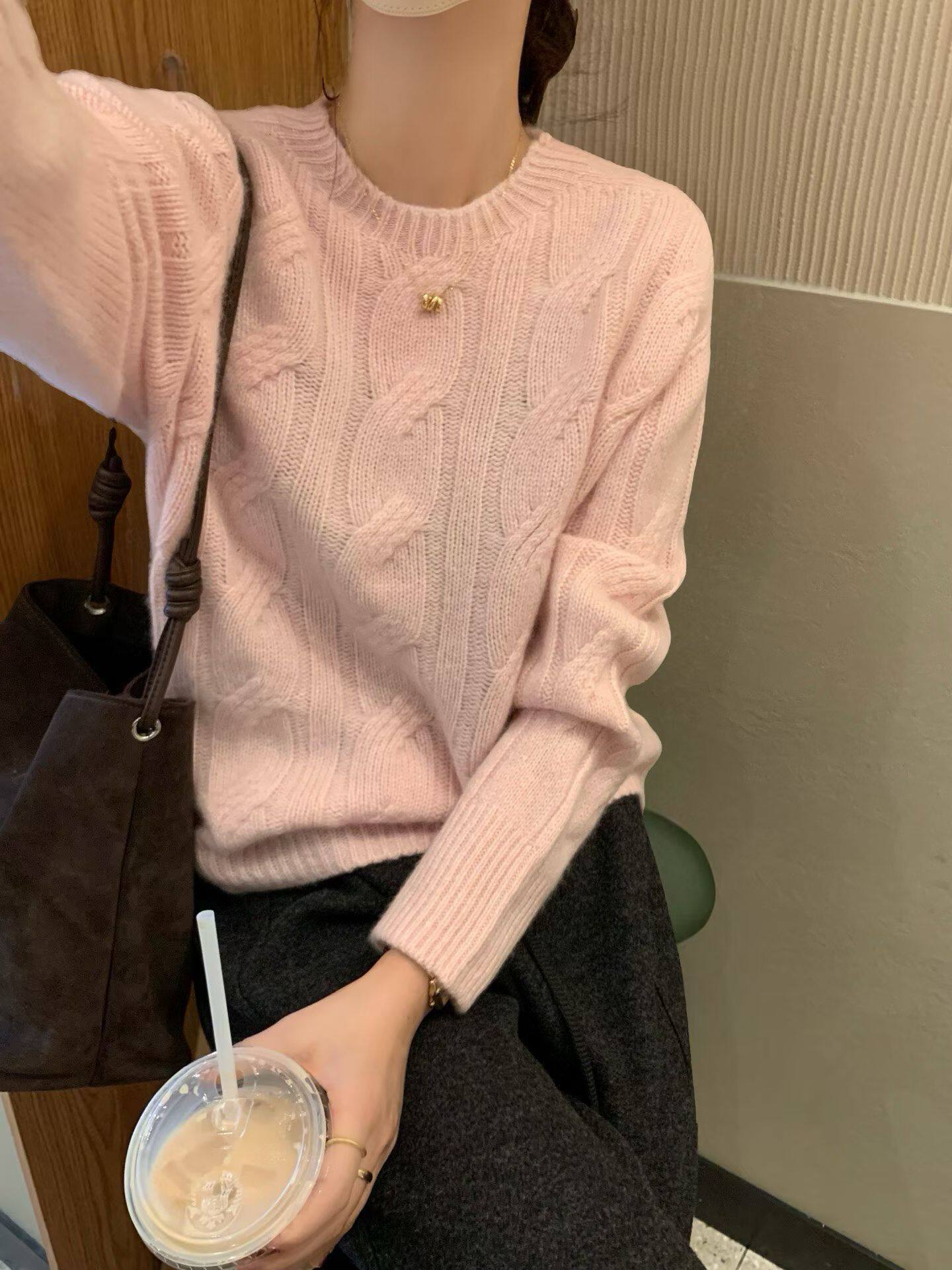 韩国东大门正品女装冬高品质圆领百分百山羊绒宽松显瘦麻花针织衫