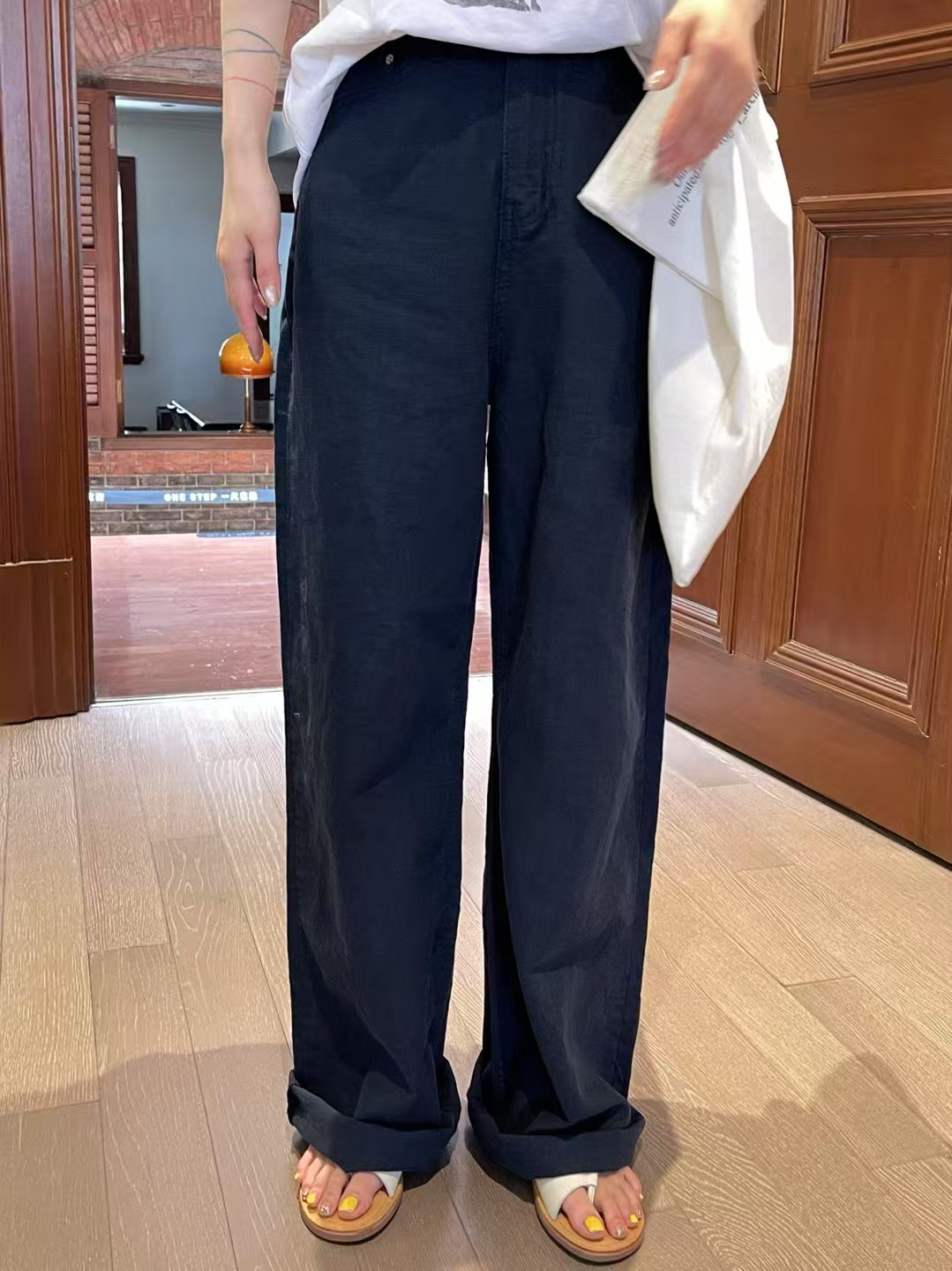 现韩国东大门正品女夏高品质高腰显瘦牛仔裤休闲裤藏青色薄款麻料