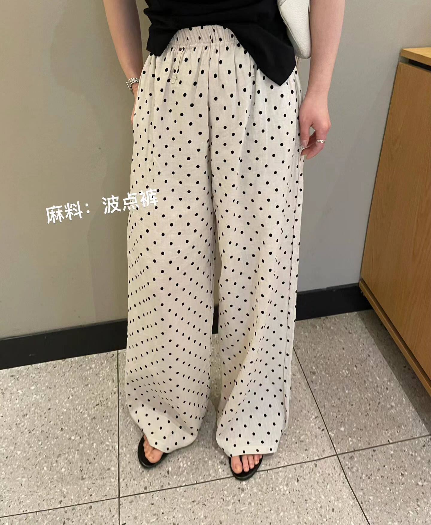 韩国东大门正品女装 2026夏季新款均码松紧腰麻料波点休闲阔腿裤